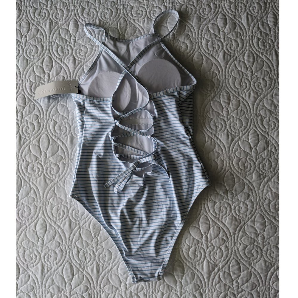 Blue White Criss Cross Lace Up Tie Back One-piece Swimsuit Flatter Me BOHO Small - Picture 7 of 11